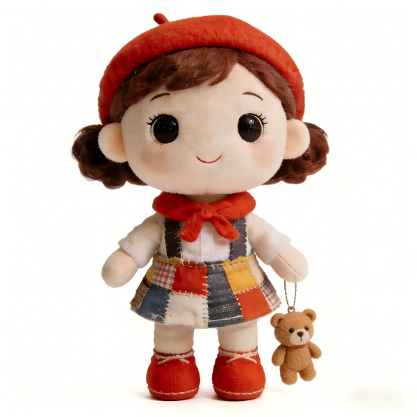 Cute Plush Girl Doll with Beret & Mini Teddy Bear Pendant - Soft Stuffed Toy for Kids/Decor (Red Outfit)(15 Inches)